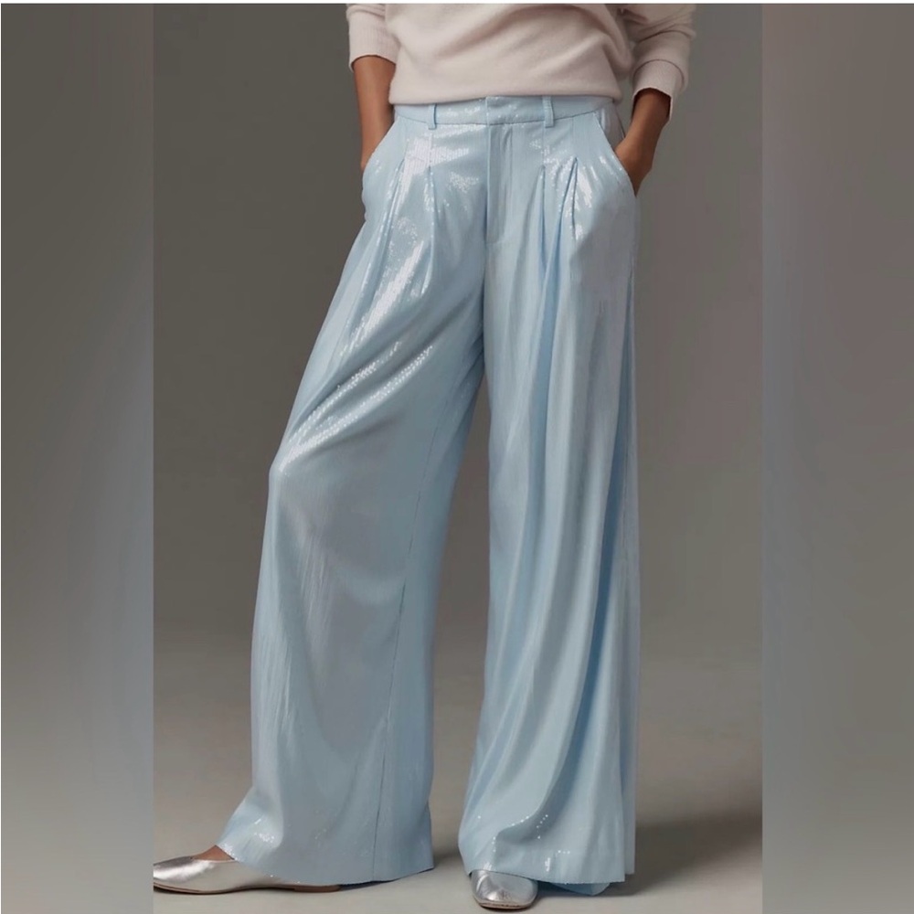 GORGEOUS!!! Anthropologie's Maeve Powder Blue Satin Wide-Leg Full Sequined Pants